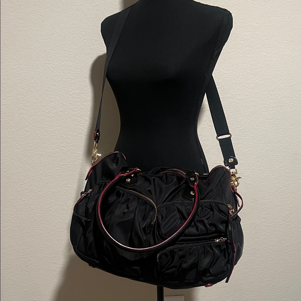 MZ Wallace Black Gathered Nylon Satchel Tote w/ Shoulder Strap